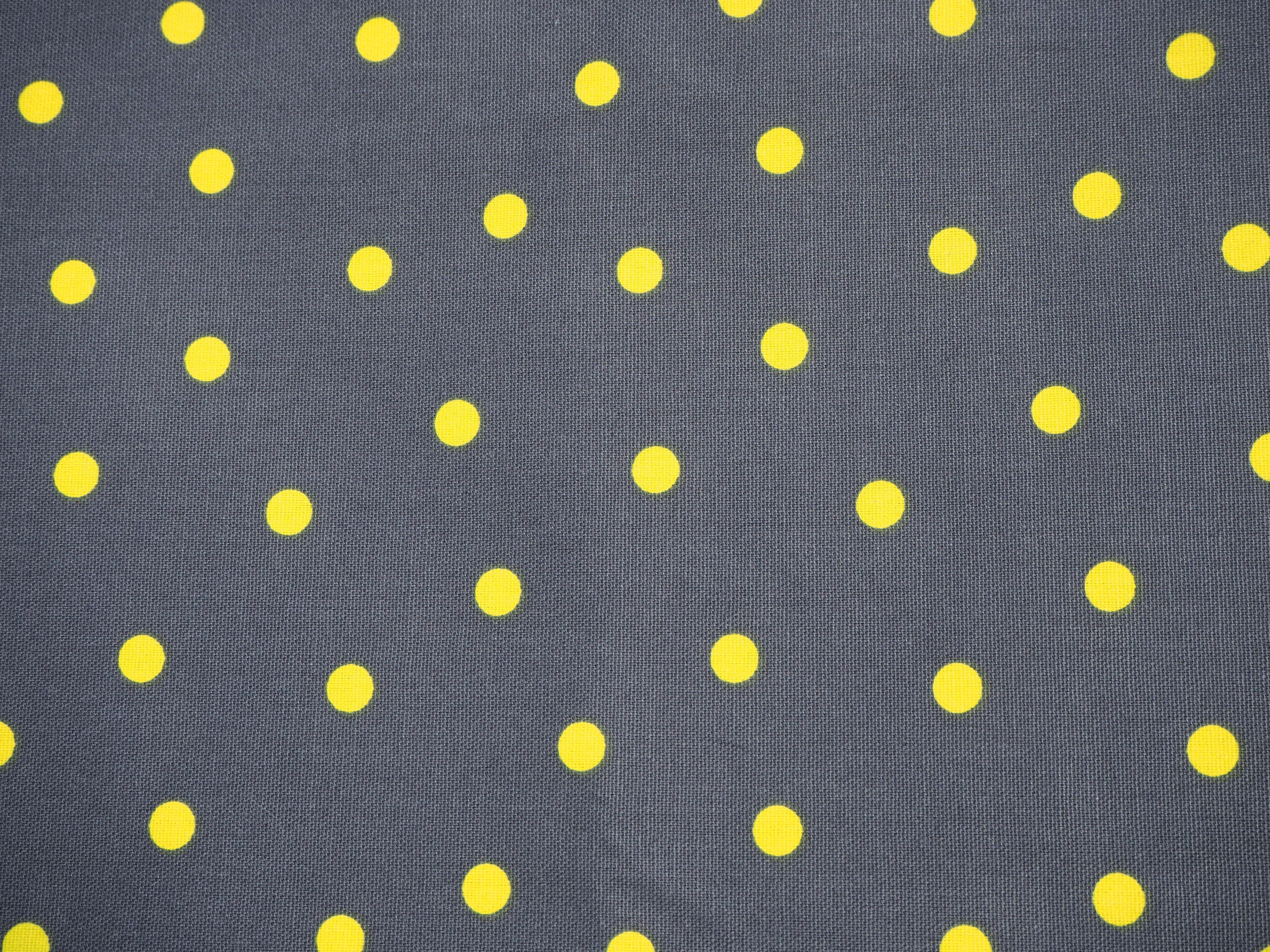 Fluro yellow spots on Charcoal Grey background print, 100% cotton fabric