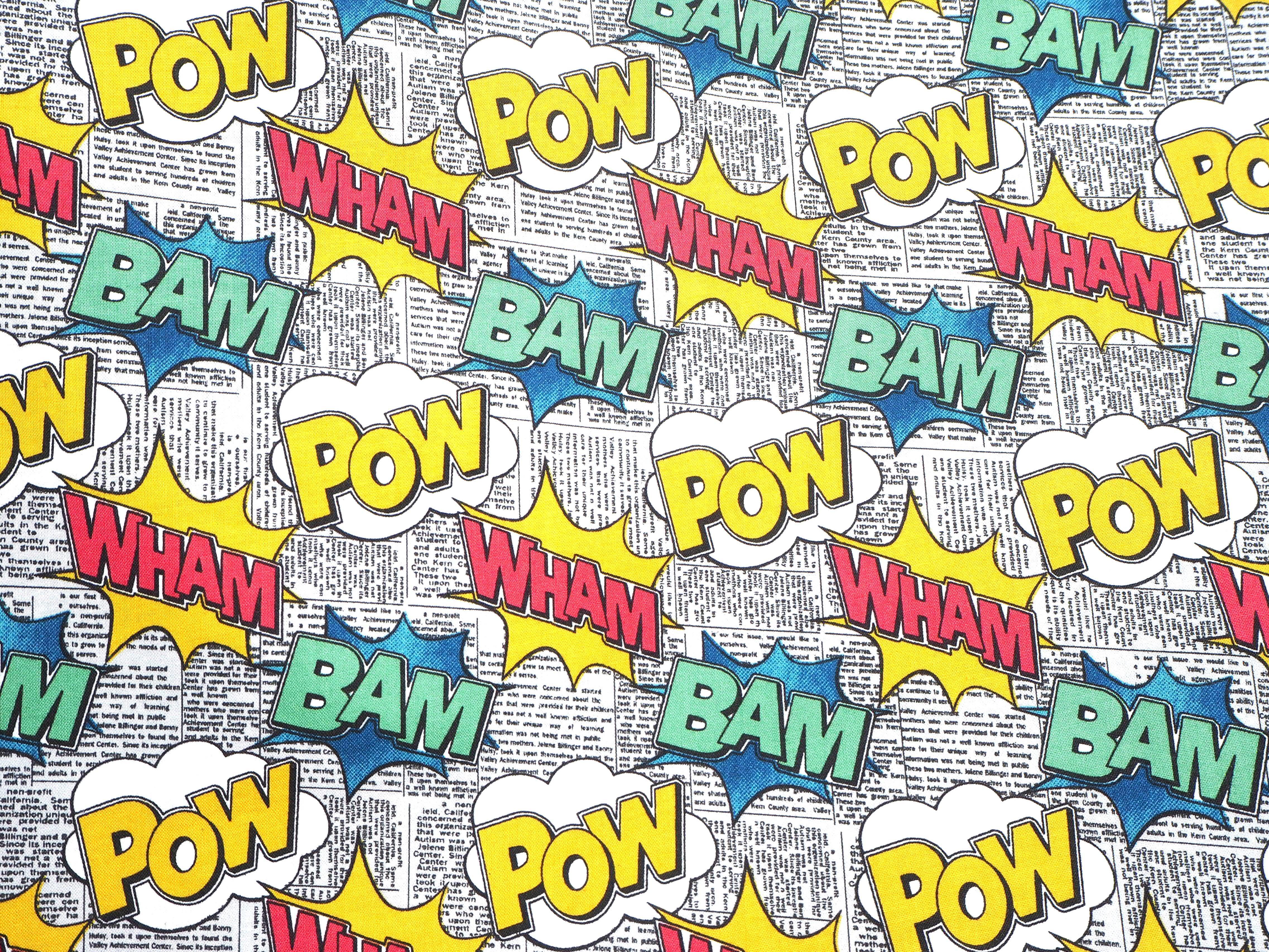 Wham! Bam! Pow! - Action Words on Newspaper Print themed 100% cotton fabric