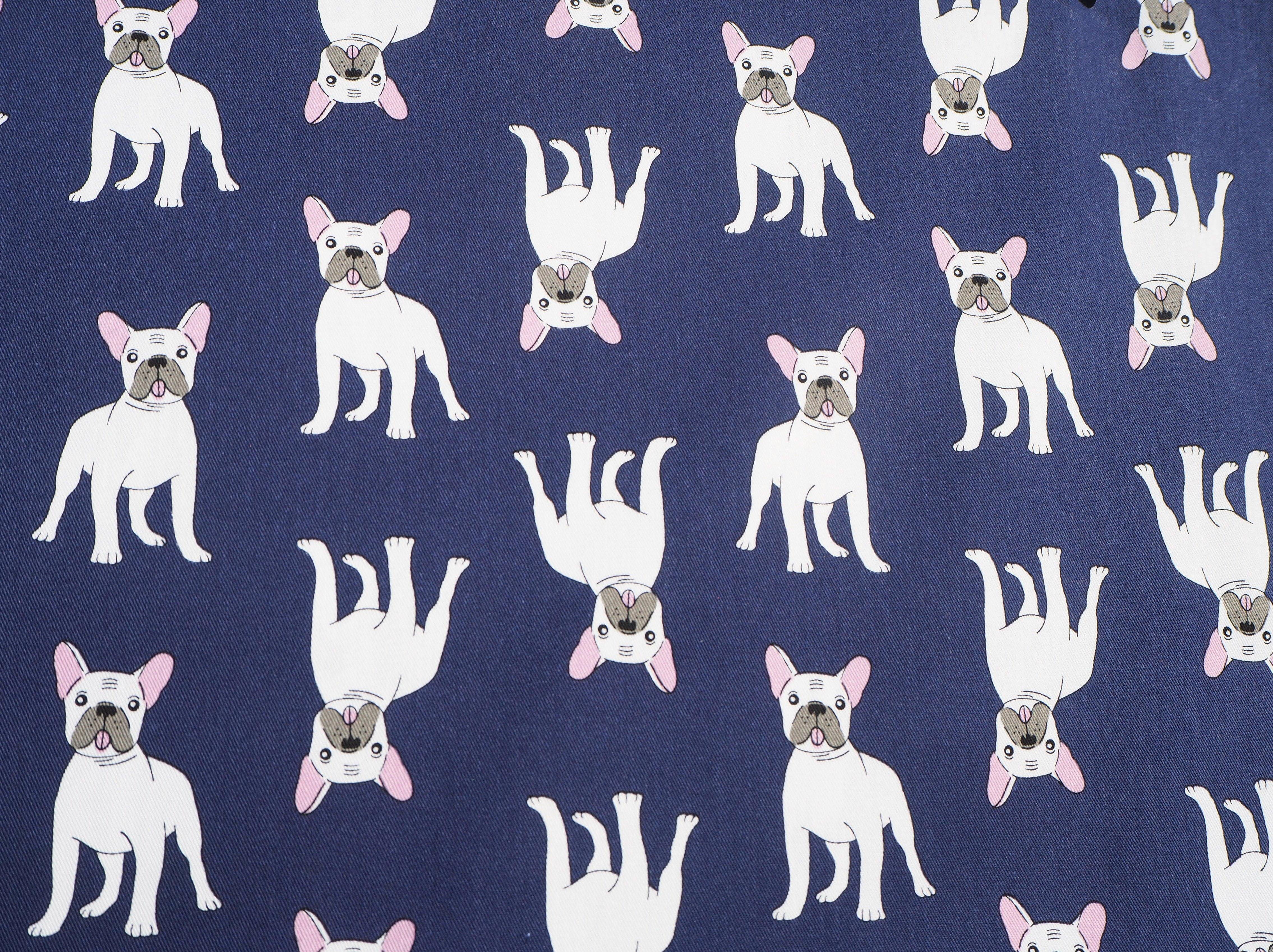 White French Bull Dogs on Blue Background Print, 100% cotton fabric