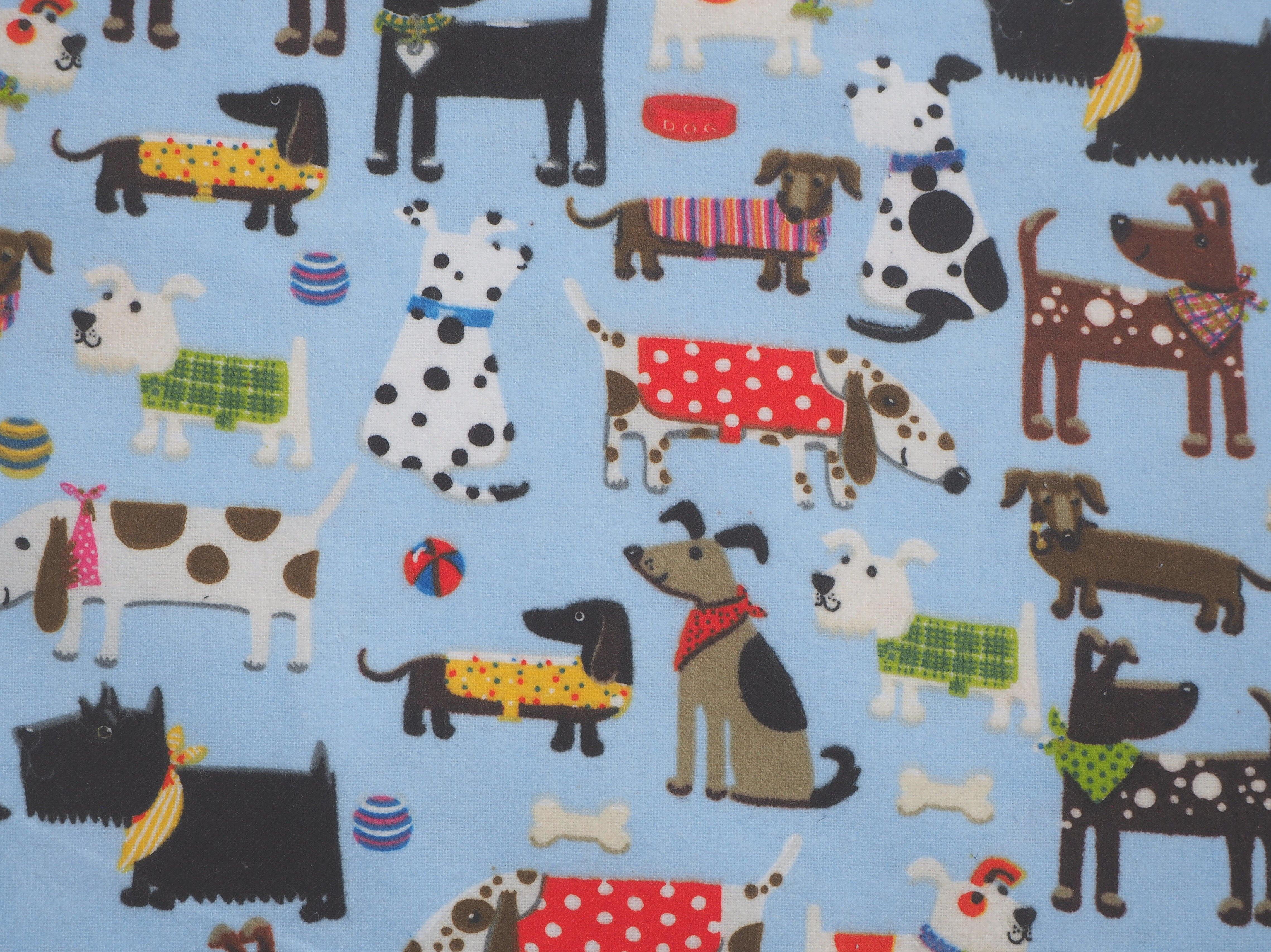 Dressed Up Fancy Dogs print, on soft & fluffy blue flannelette, 100% cotton fabric
