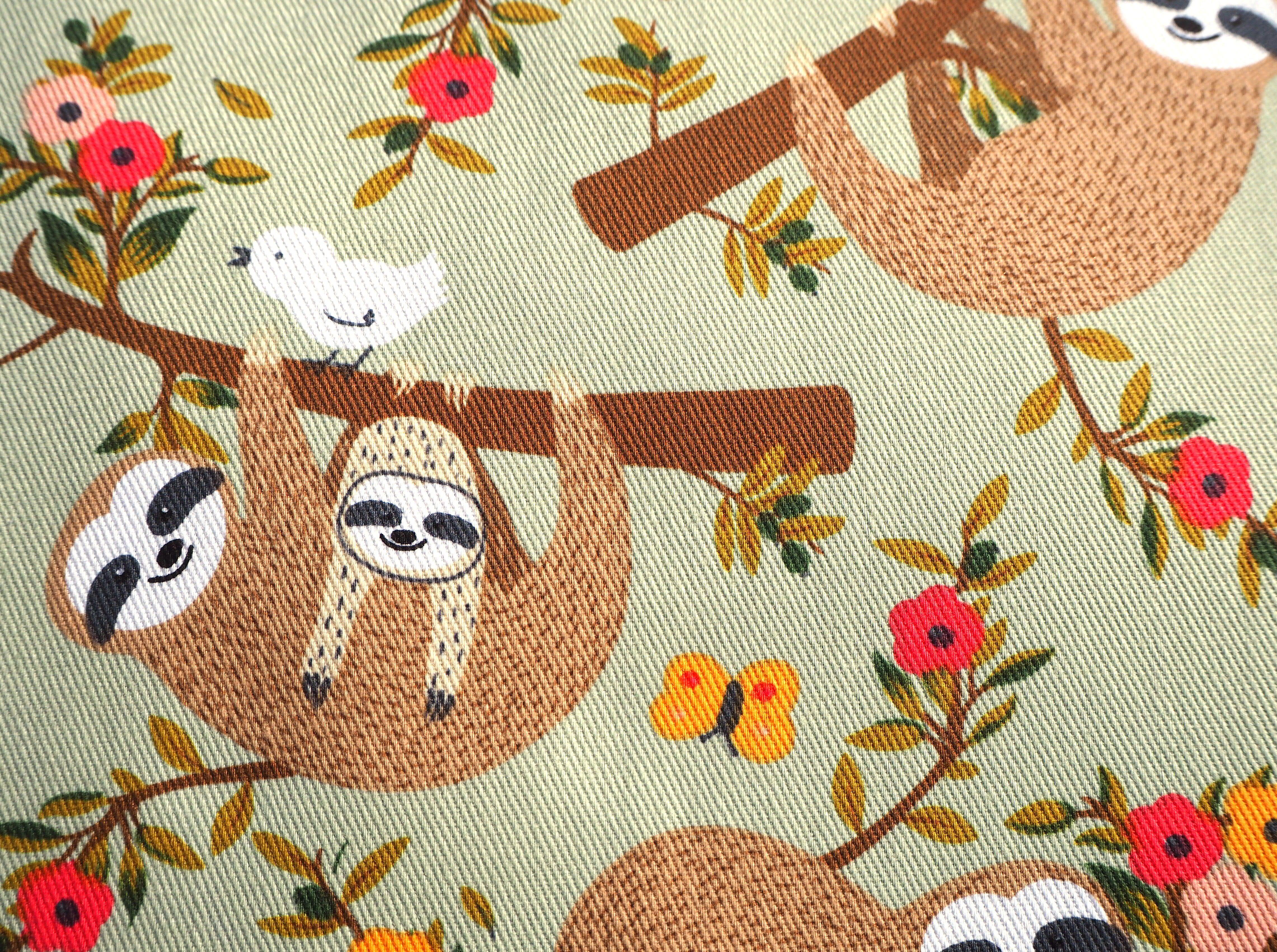 Hanging Around Sloth Family images on soft green background, 100% cotton fabric