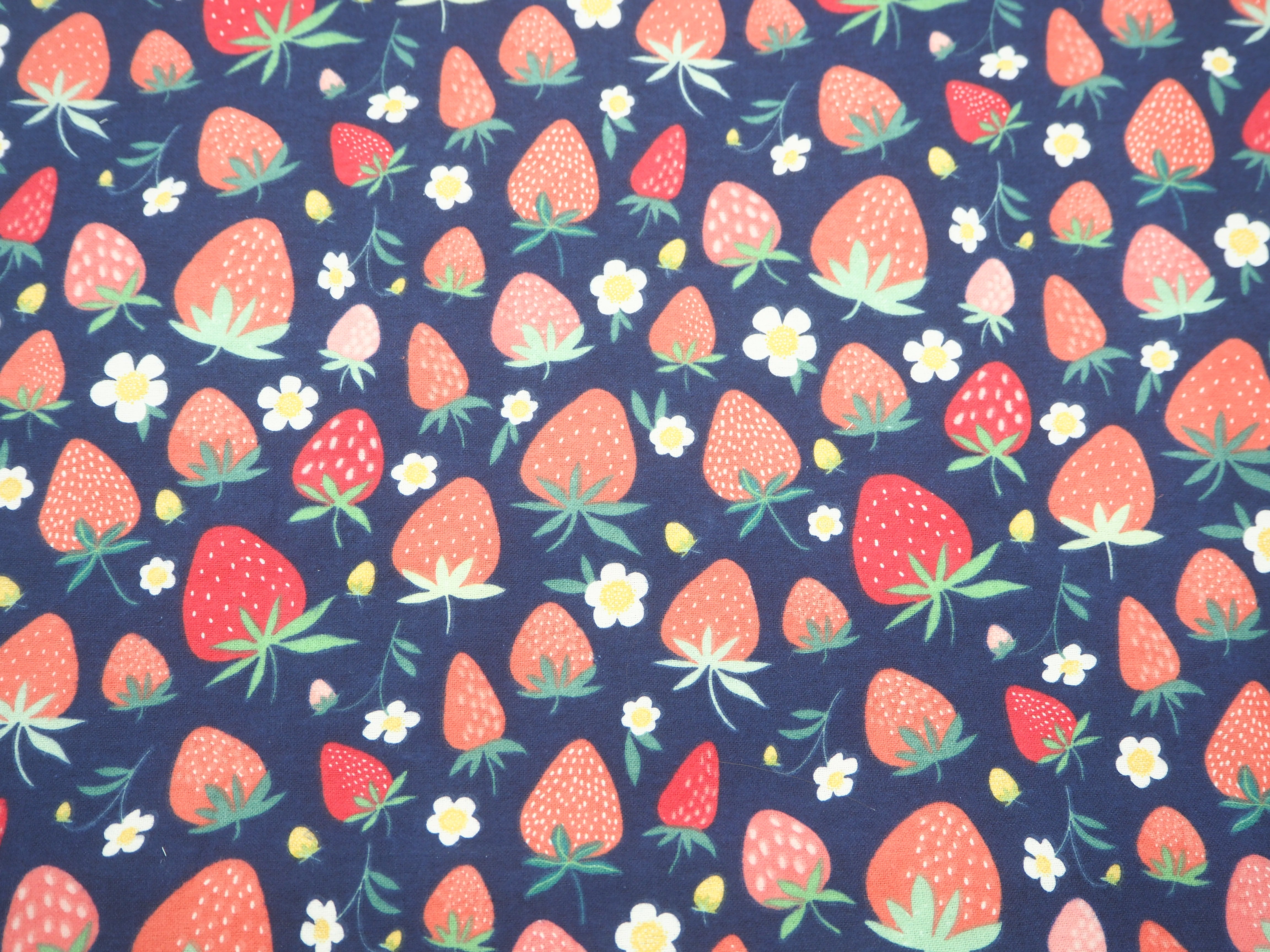 Flat image of Strawberry flannelette fabric featuring colorful strawberry's on navy blue background 