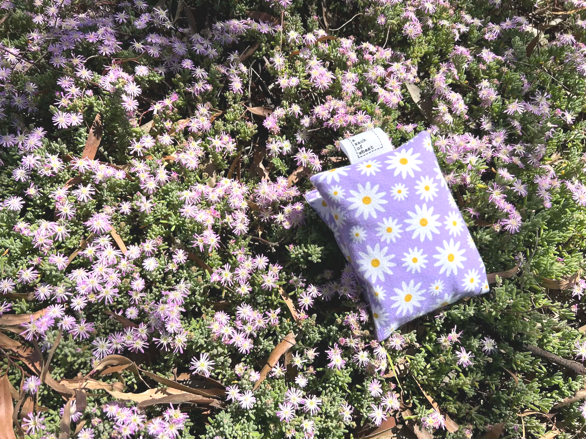 Purple petal wheat bag with white daisy pattern on a bed of pink flowers