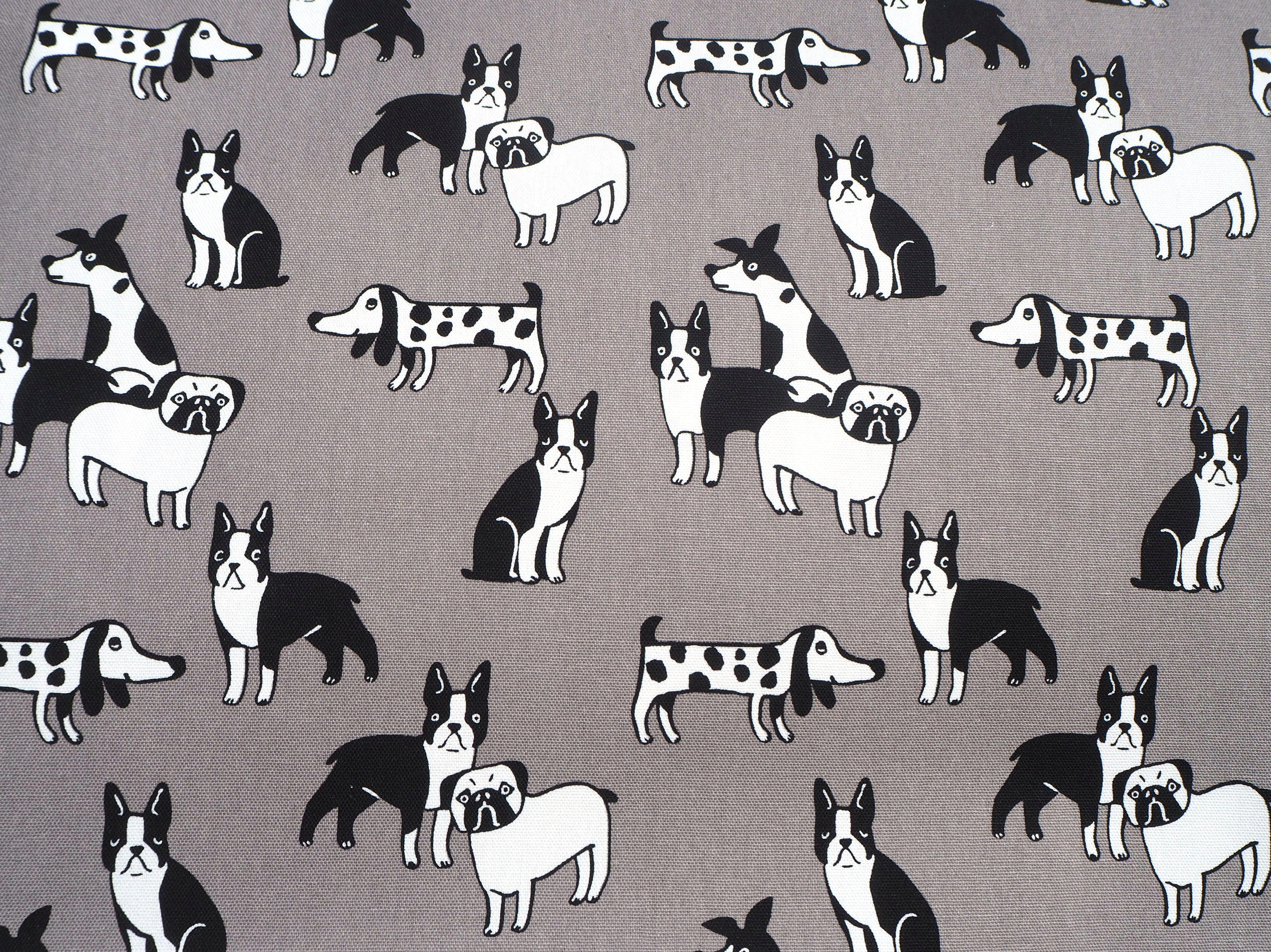 Black & white images of Pugs, Boston's, Terriers & Frenchie's on Grey Background,100% cotton fabric