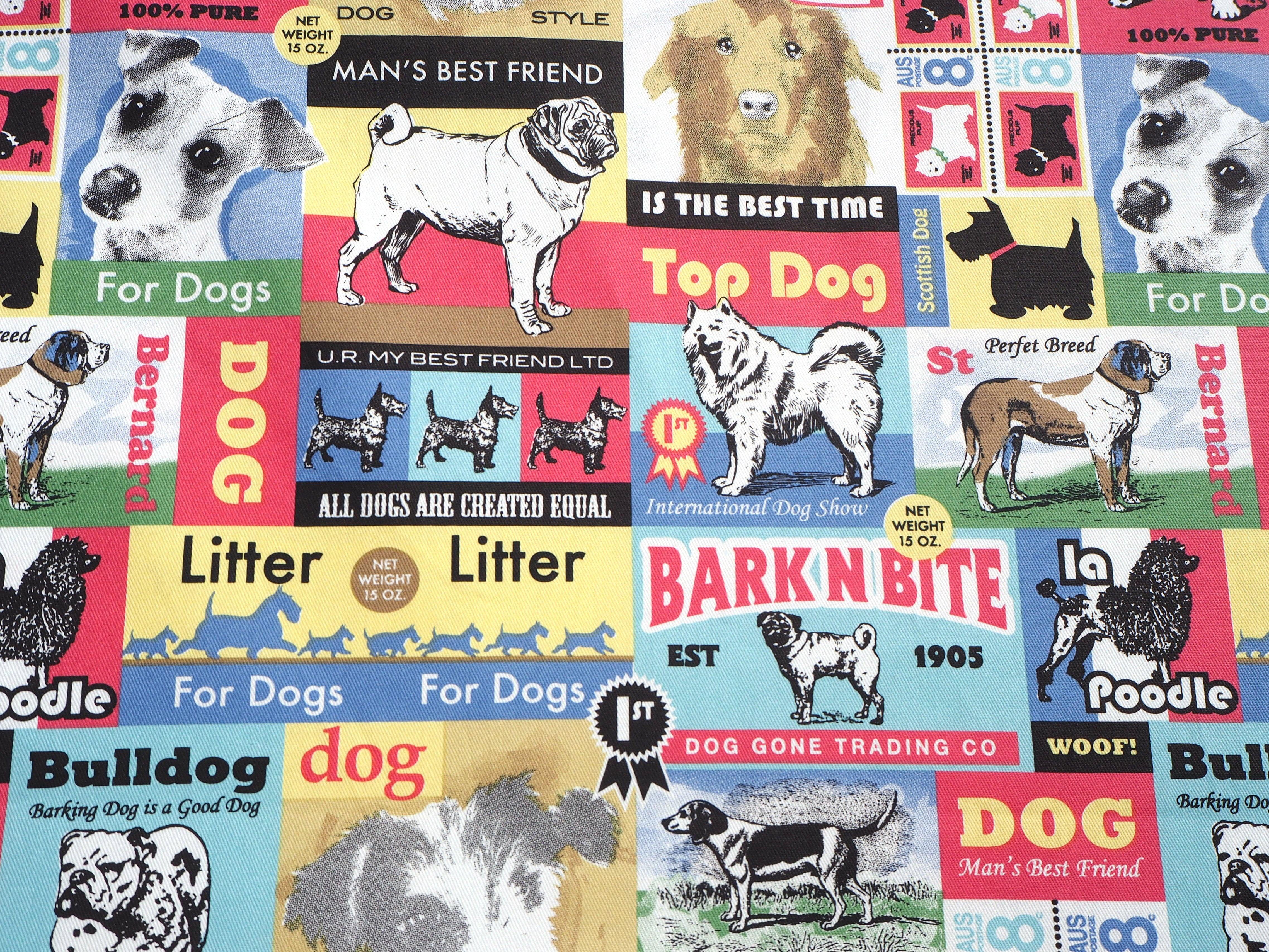 Vintage Dog themed print featuring various breeds on posters & postage stamps, 100% cotton fabric