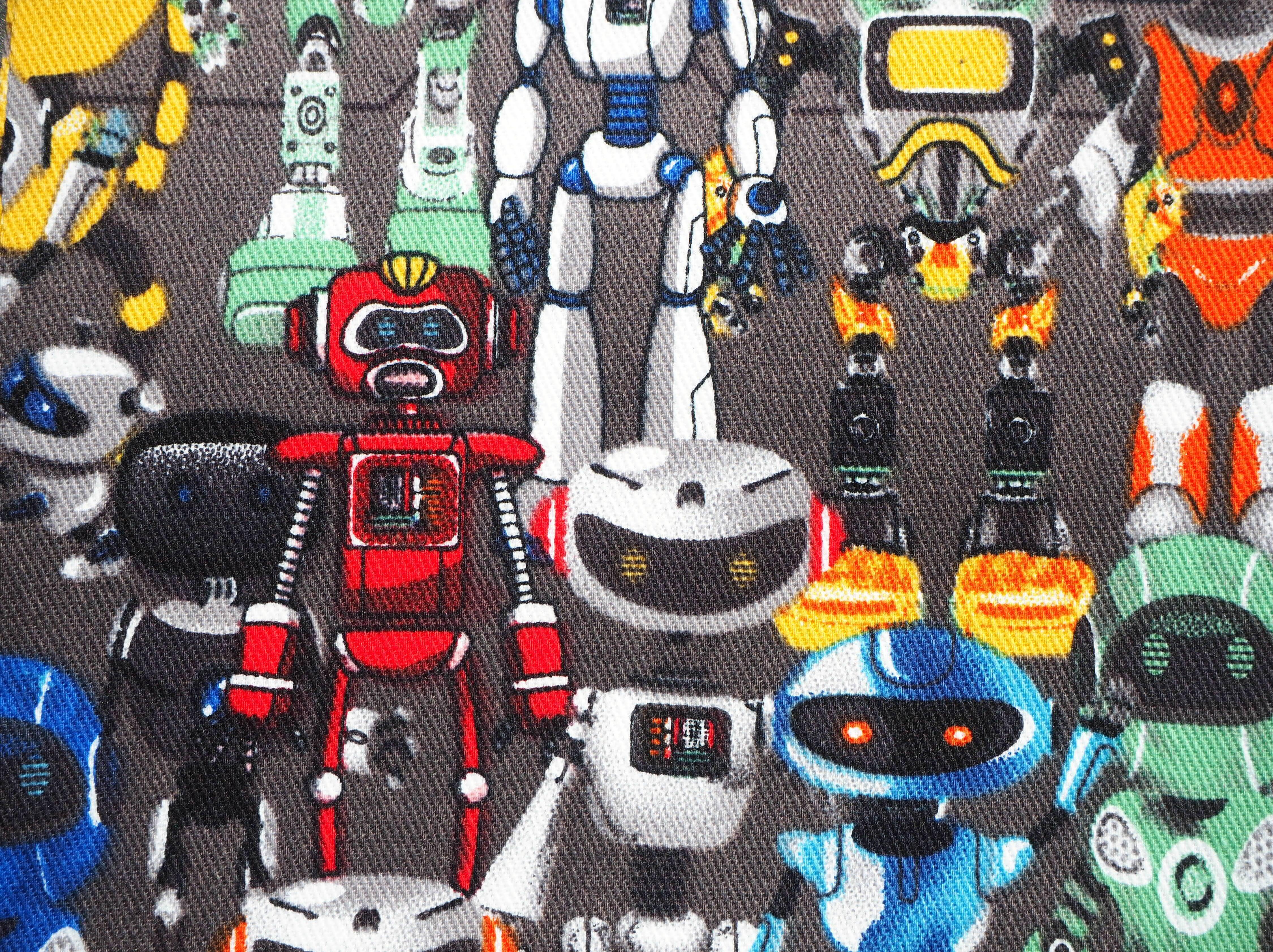 Welcome to Robot World! colorful space age robot images on grey background, 100% cotton fabric