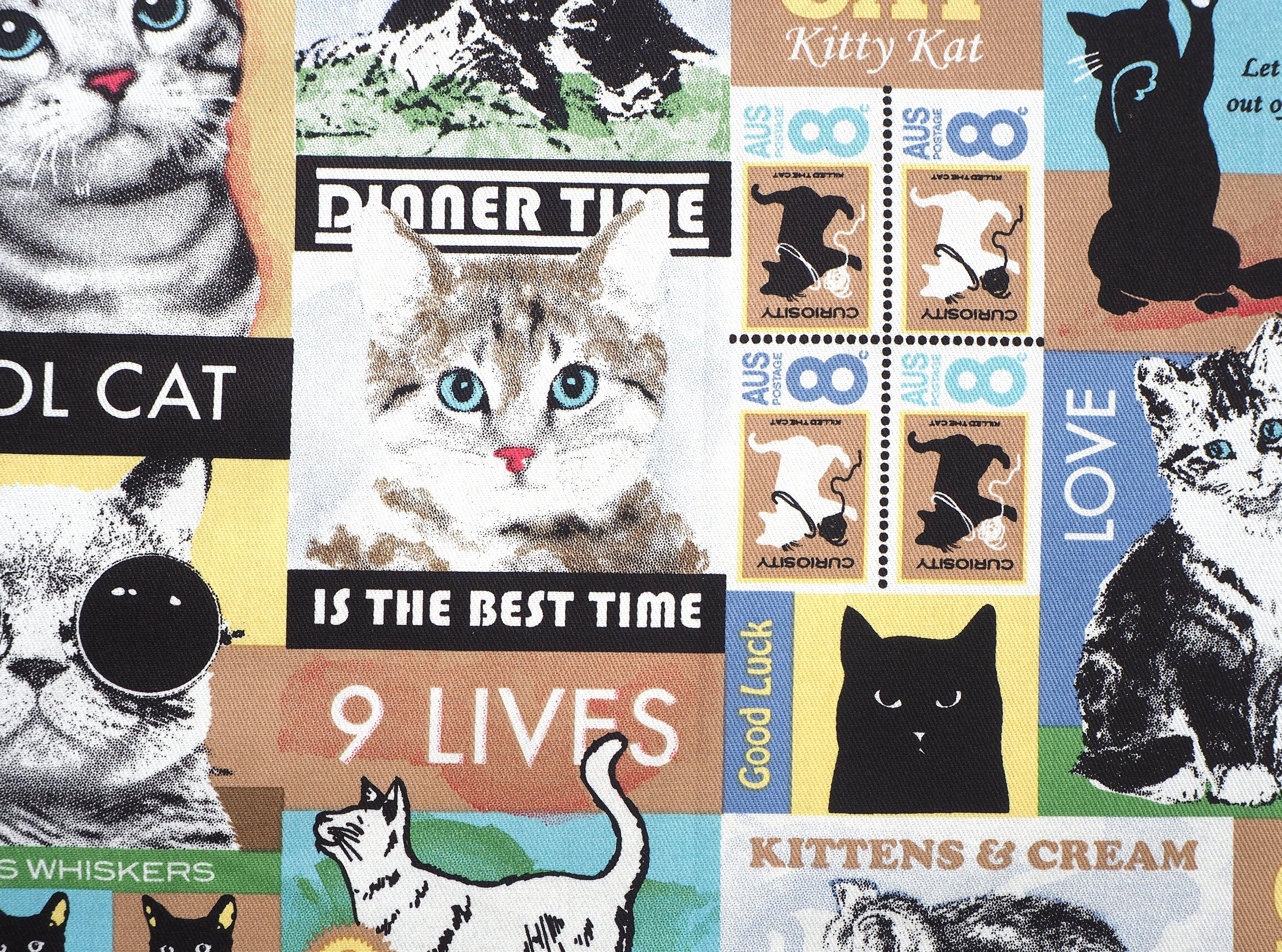 Vintage images of cats & kittens on postage stamps and posters, 100% cotton fabric