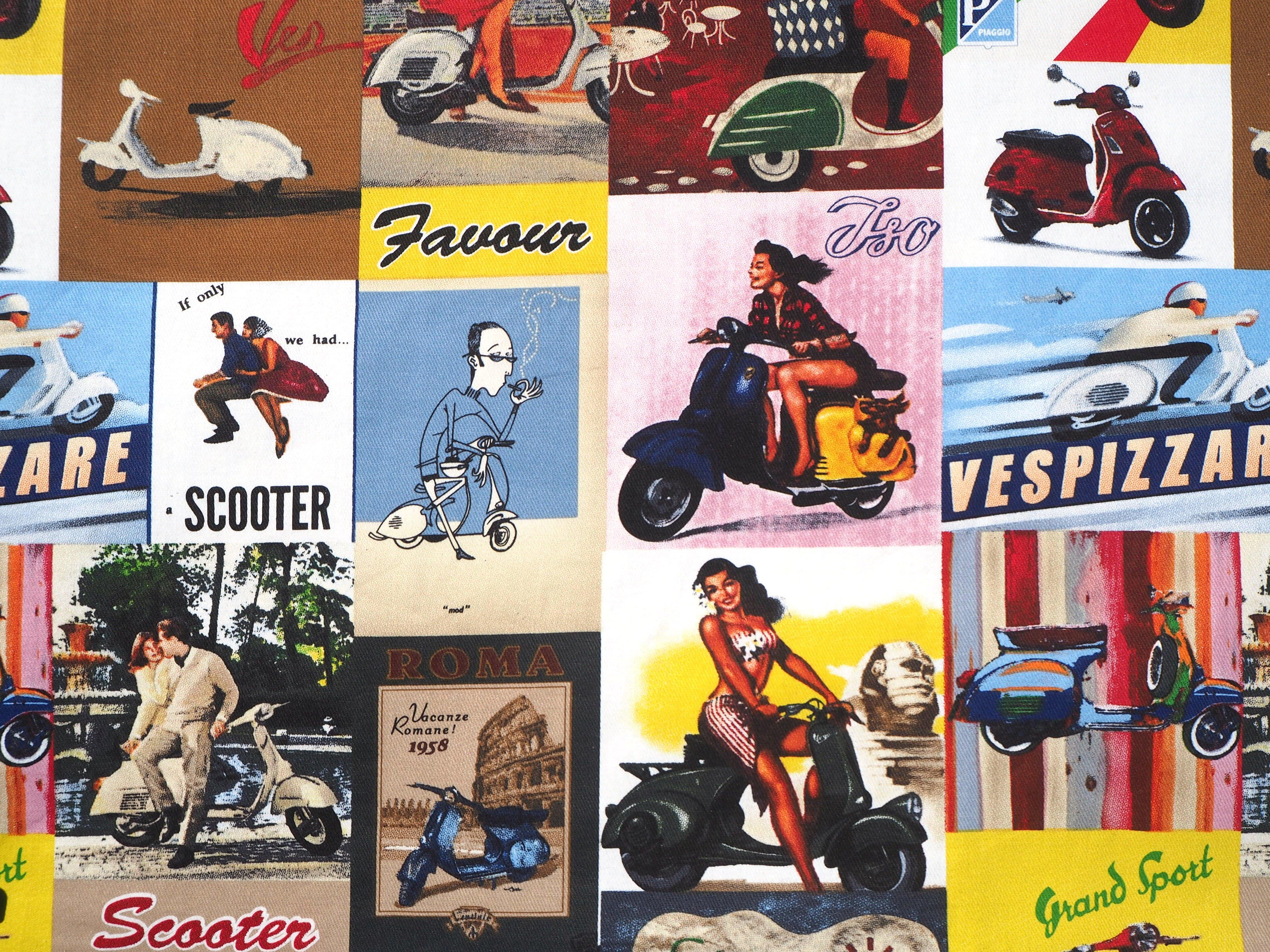 Vintage scenes of classic Vesper scooter models & their stylish riders, 100% cotton fabric