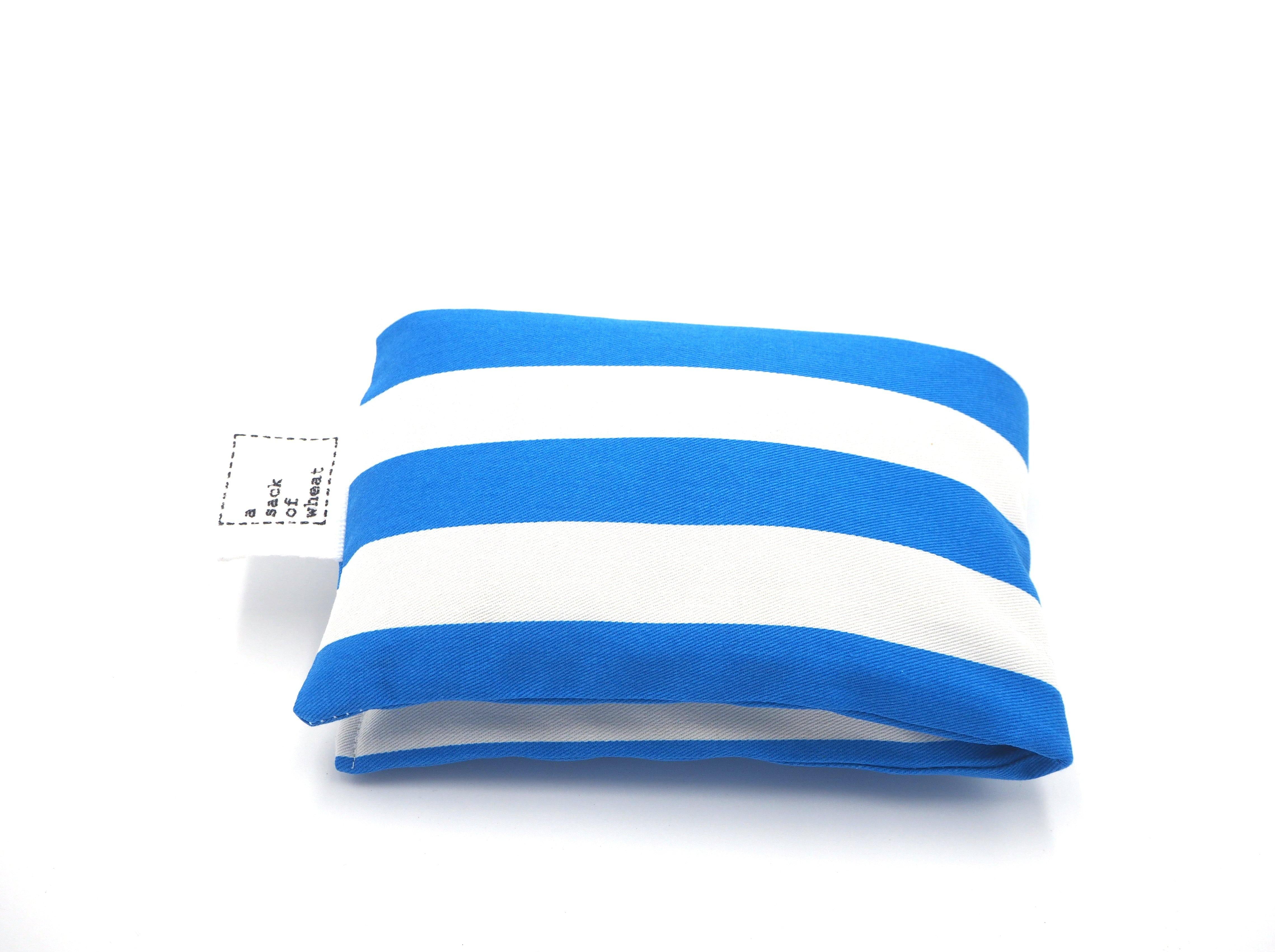 Folded view of A Sack Of Wheat, in a classic sky blue & white striped print, 100% cotton fabric