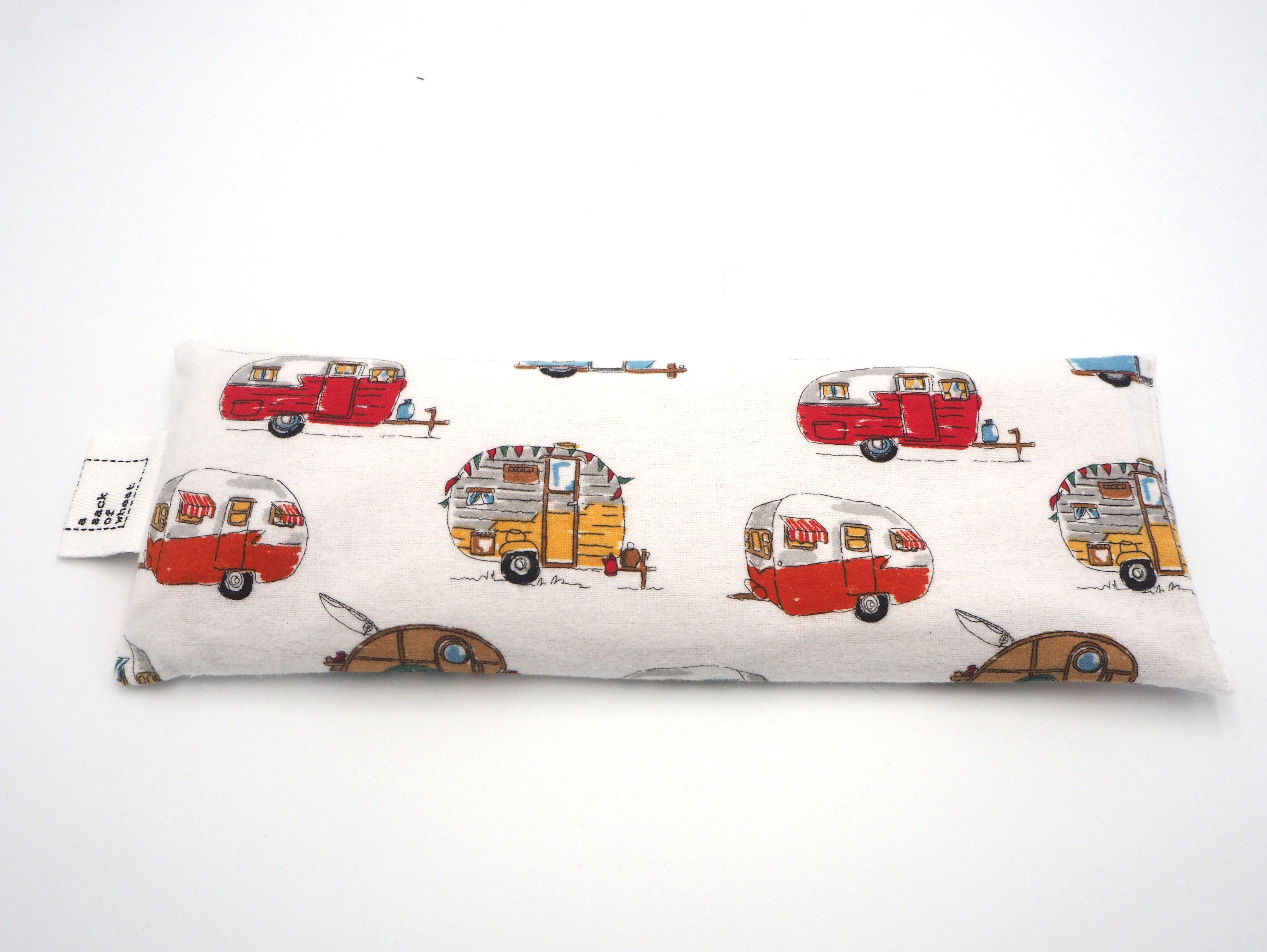 Flat view of A Sack Of Wheat, featuring Retro Caravan print, on soft & fluffy white flannelette 100% cotton fabric