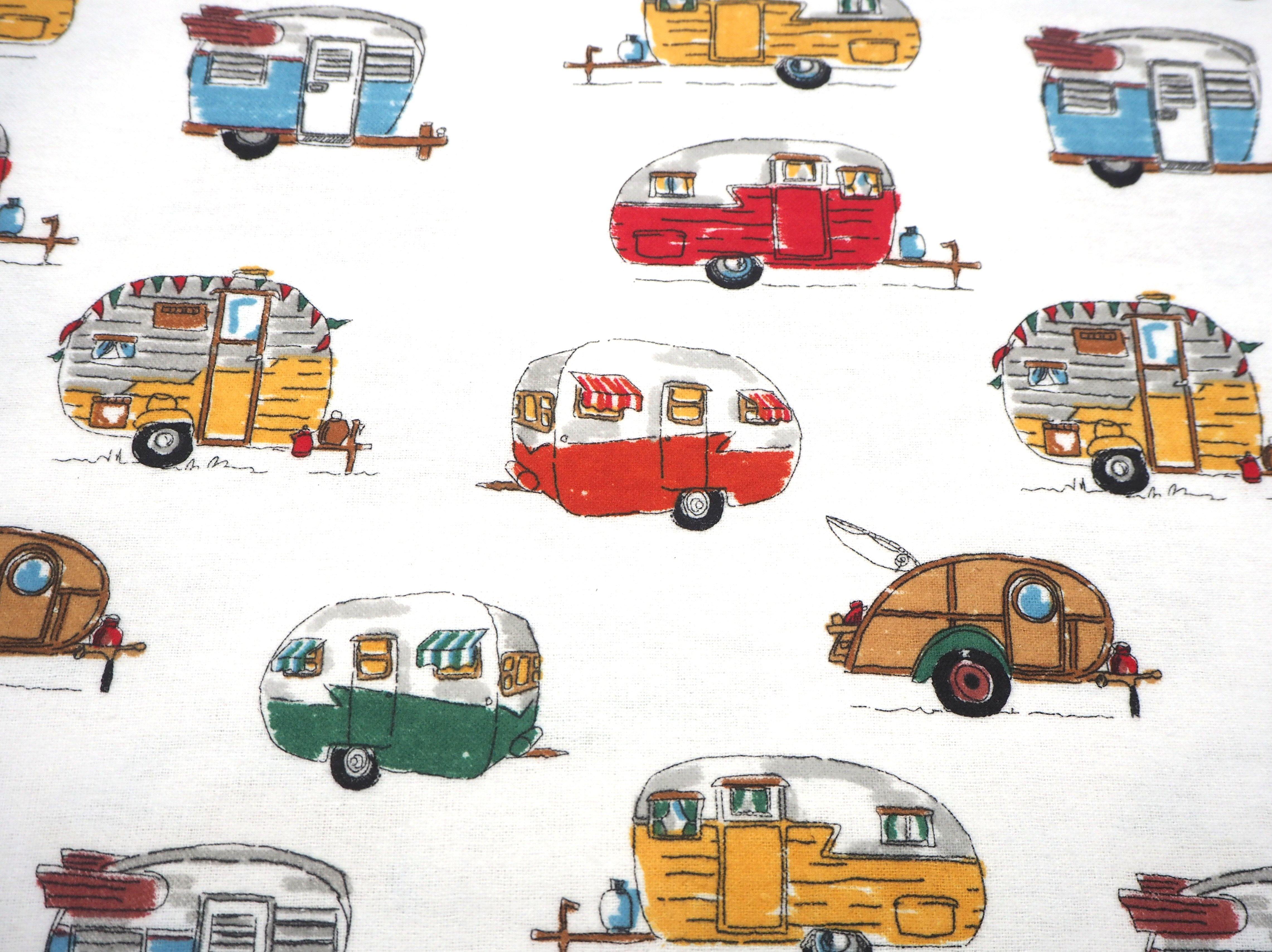 Retro Caravan Images on soft & fluffy white flannelette 100% cotton fabric