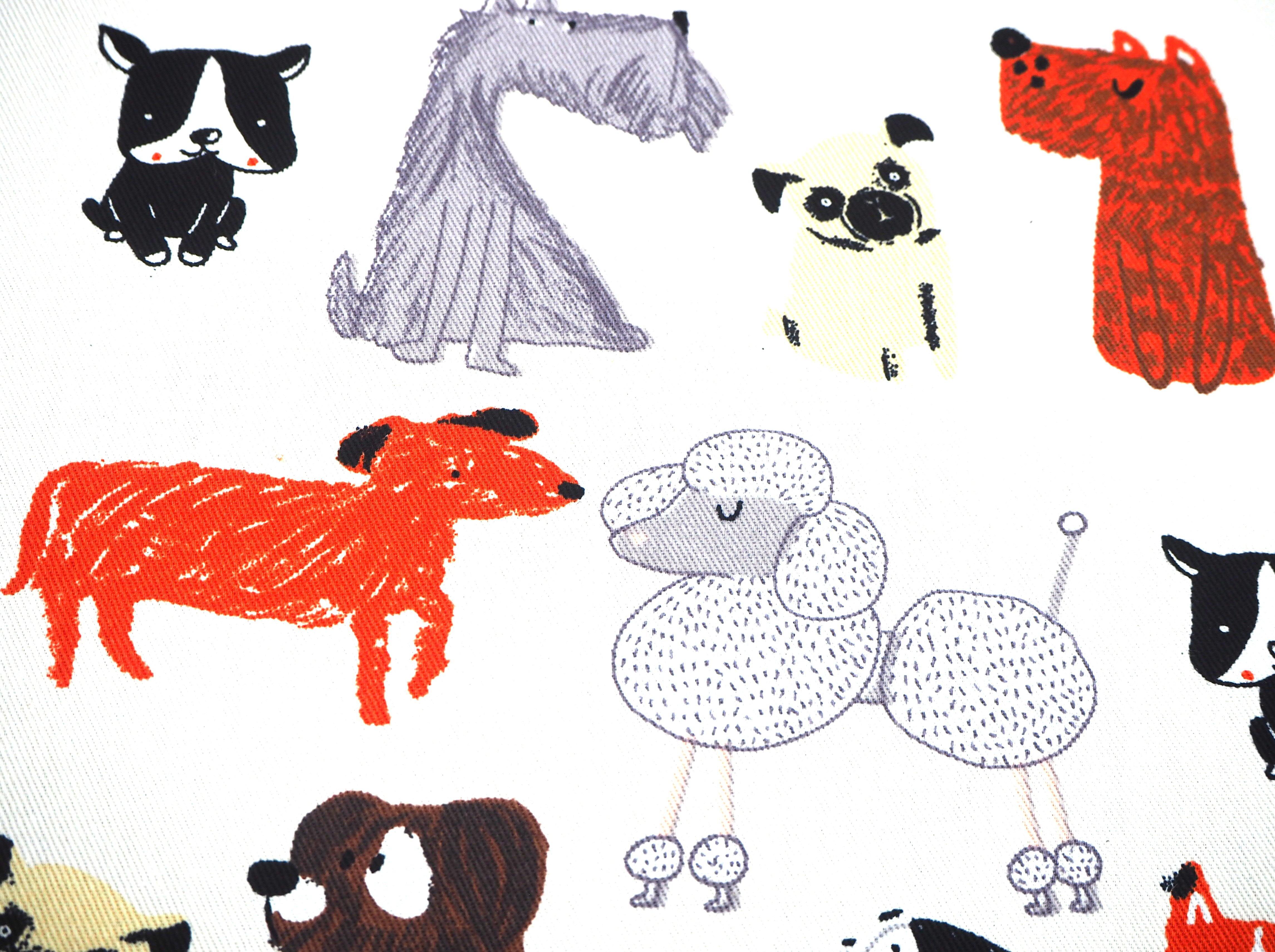 A colorful selection of sketched classic dog breed images, 100% cotton fabric