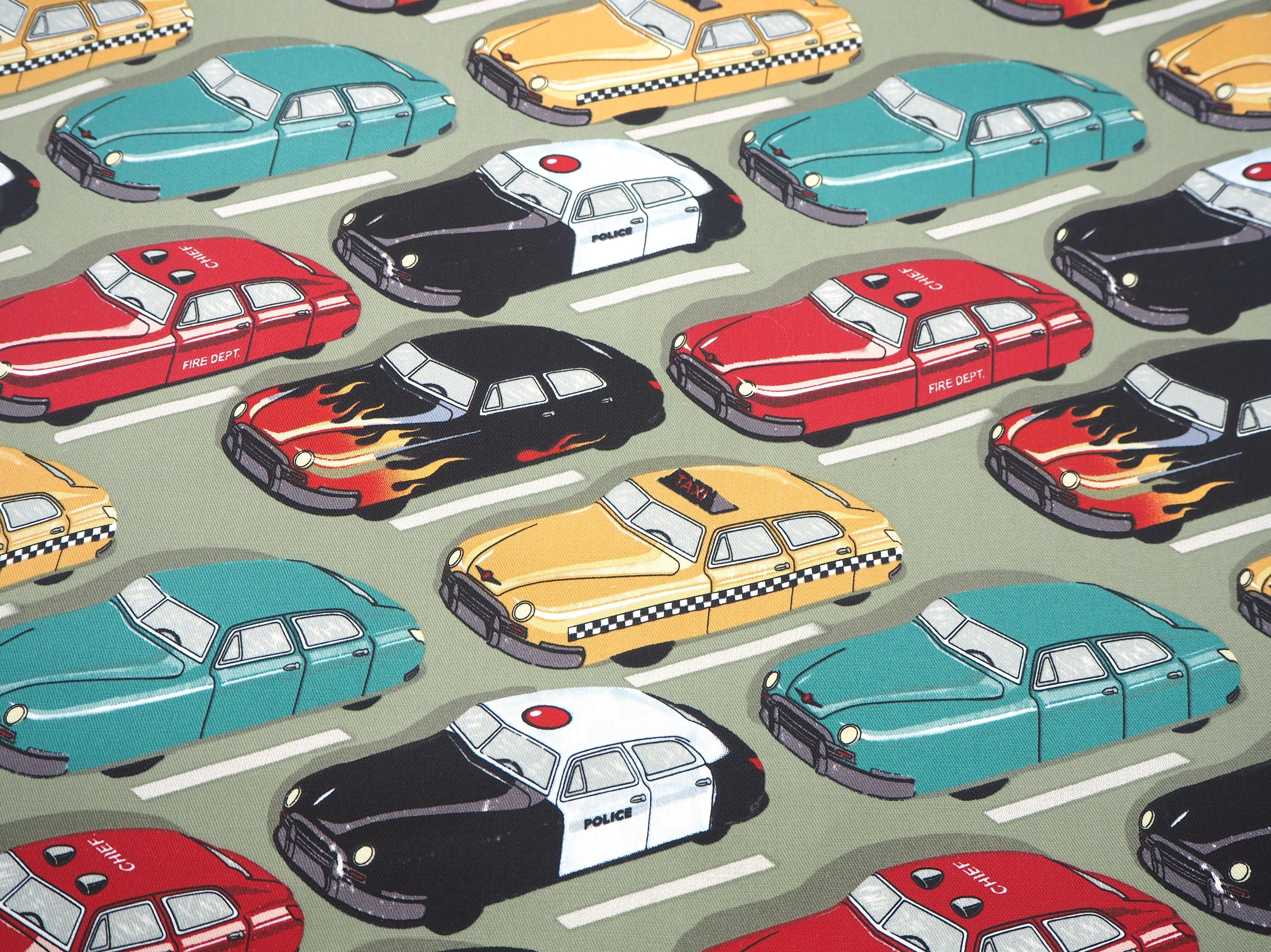 Vintage Taxi's, Sedan's & Police Cars, stuck in traffic print, 100% cotton fabric