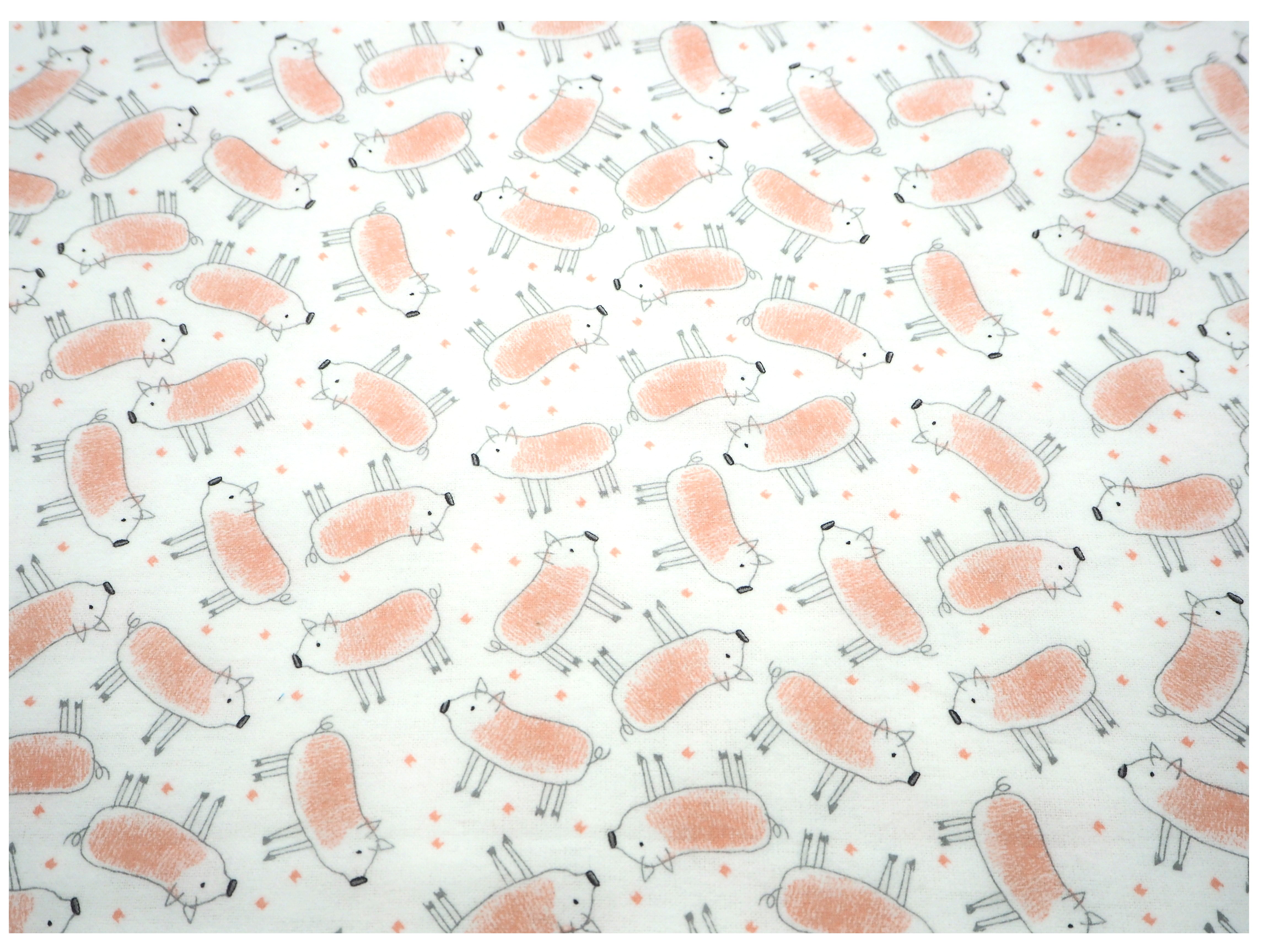 Cute sketched images of little pigs blushed with pink bodies on a fluffy white flannelette, 100% cotton fabric background